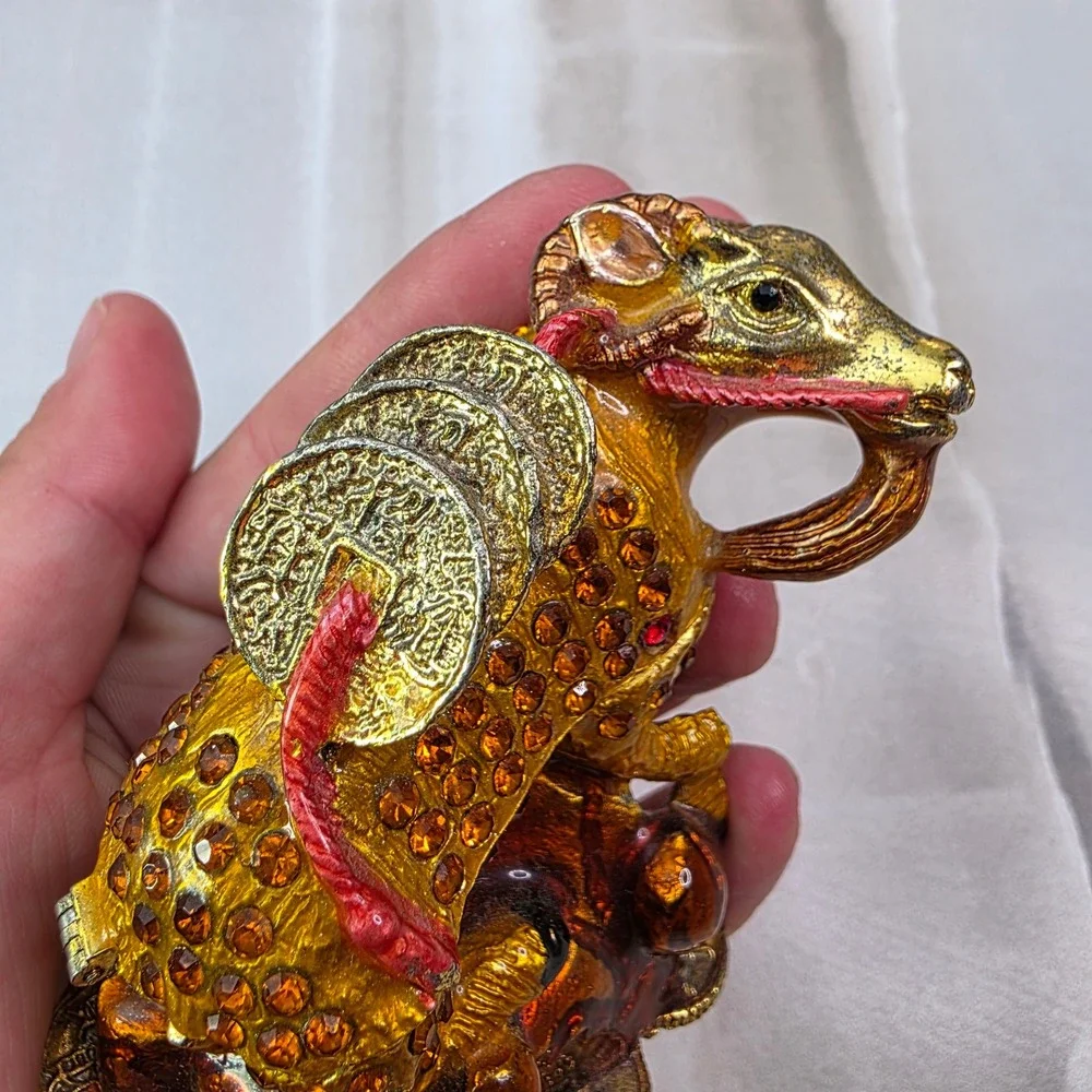 Chinese‎ Zodiac Ram Goat Trinket Box Enamel Crystal Prosperity Figurine 3.25